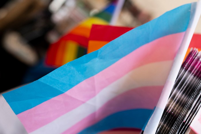 A transgender pride flag is displayed at a booth during Portland Pride on July 21, 2024, in Portland, Oregon. Photo: Jenny Kane/AP