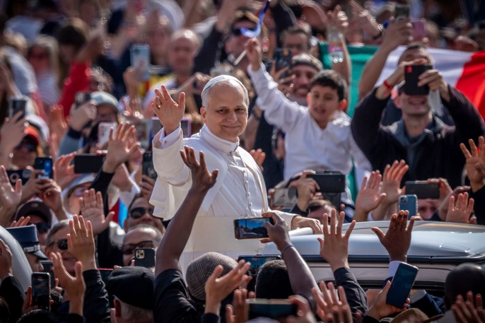 Pope Leo XIV arrives in St. Peter's Square for his May 18 inauguration. The Chicago, Illinois-born Robert Francis Prevost is the first pontiff from the United States. Photo: Michael Kappeler/AP Images